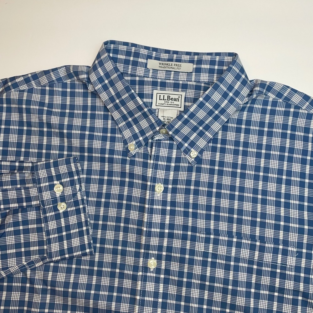LL Bean Button Down Shirt Sz XL Wrinkle Free Traditional Fit Blue Plaid L/S NWOT